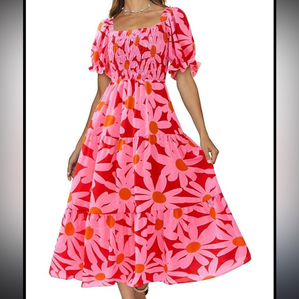 Floral Maxi Dress Statement Retro Bold Floral Pink and Red